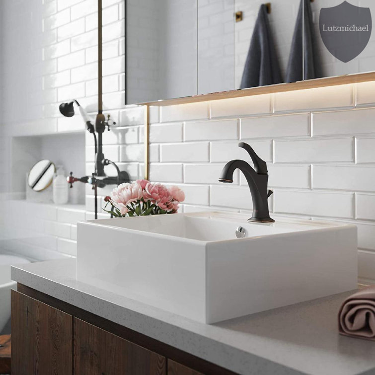 Menggutong 18.5'' Porcelain Square Vessel Bathroom Sink with Faucet and